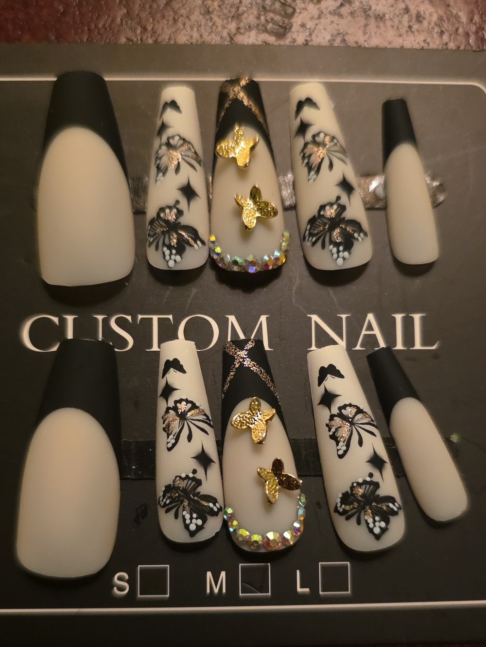 Custom Matte Black & Cream Press-On Nails with Gold Butterfly Accents Size Med